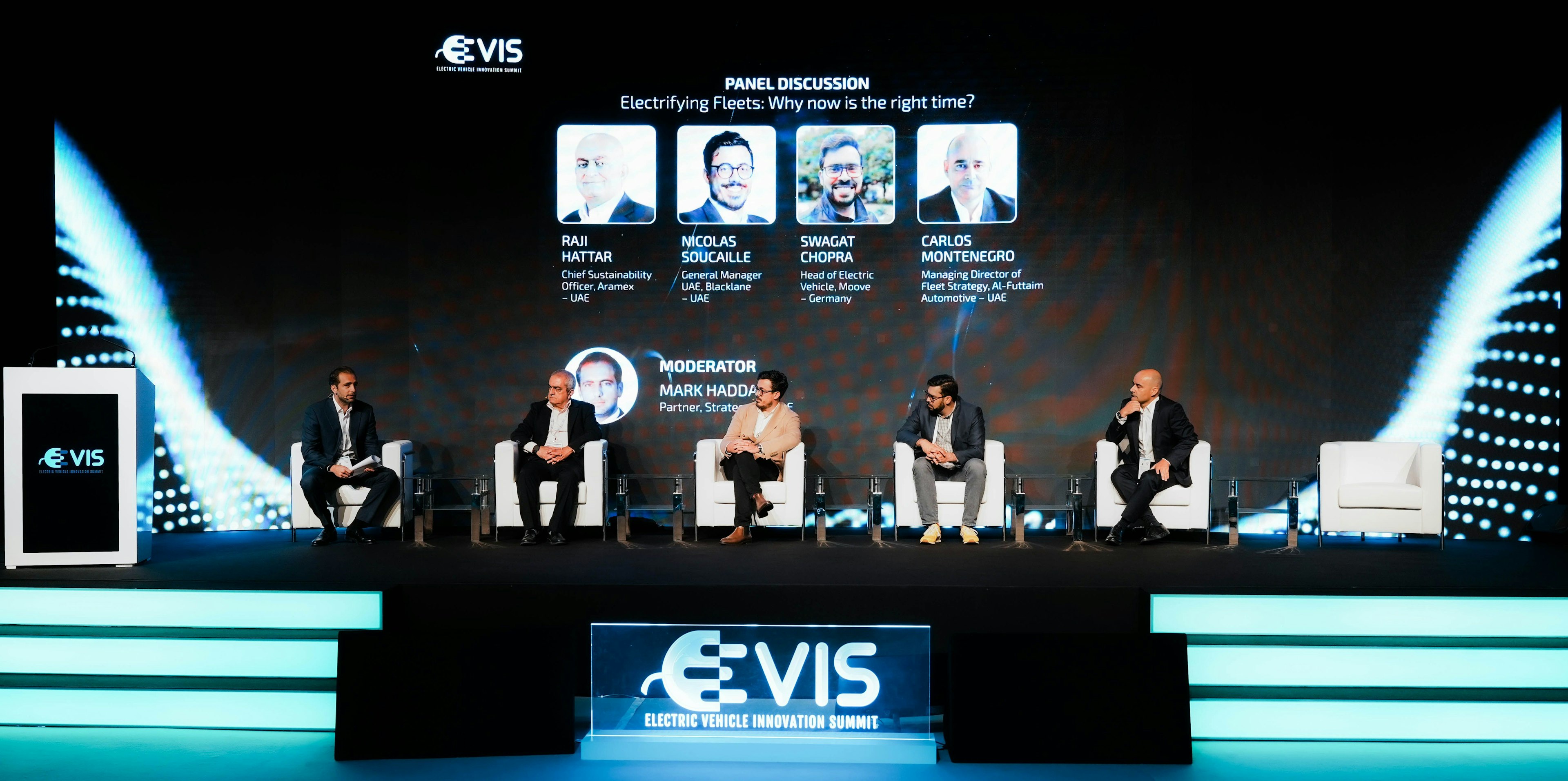 Mark Haddad, Partner at Strategy&,  Raji Hattar, Chief Sustainability Officer at Aramex, Nicolas Soucaille, General Manager UAE at Blacklane, Swagat Chopra, Head of EV at Moove & Carlos Montenegro, Managing Director of Fleet Strategy at Al-Futtaim